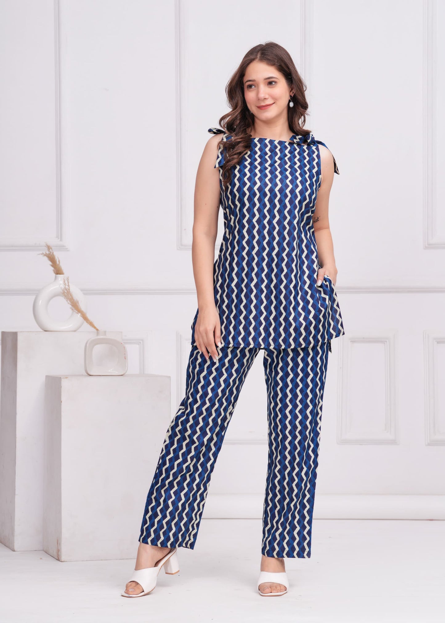 Blue Chevron Cotton Co-Ord Set | Trendy & Comfortable Two-Piece Outfit